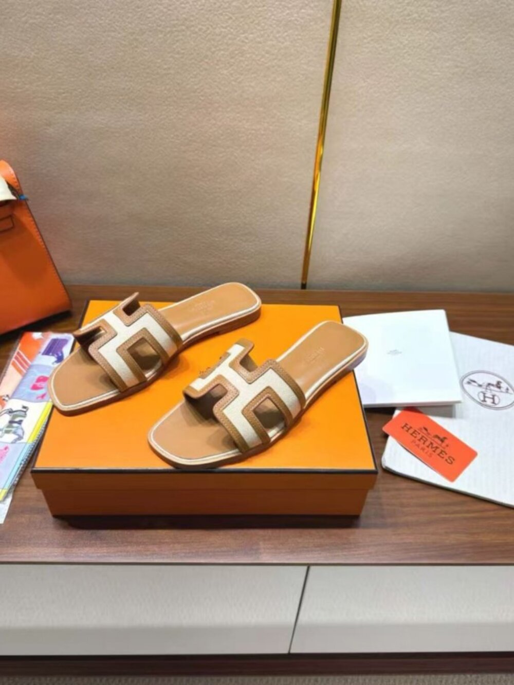 Hermes Oran Two-Tone H Flat Slide Sandals - Picture 2 of 6